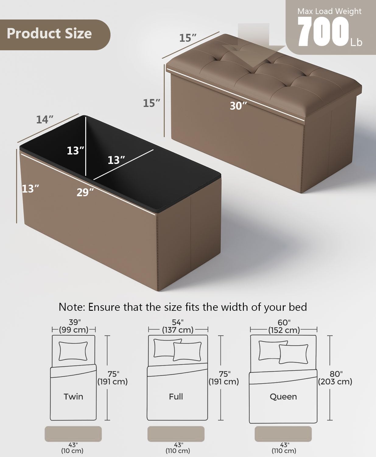 Storage Ottoman Bench, Folding Ottoman Foot Rest, 15 x 30 x 15 Inches, End of Bed Bench,Storage Chest, for Living Room, Bedroom, Hallway, Entryway, Brown