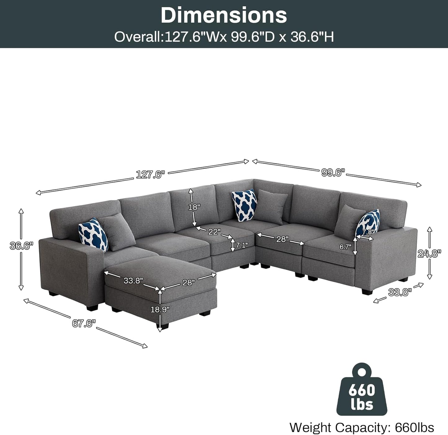 L Lengend Vansen Modular Sectional Sofa U Shaped Couch with Ottoman Modern Reversible Corner Sectional Couch for Living Room (Dark Grey, U Shaped Sofa-2)