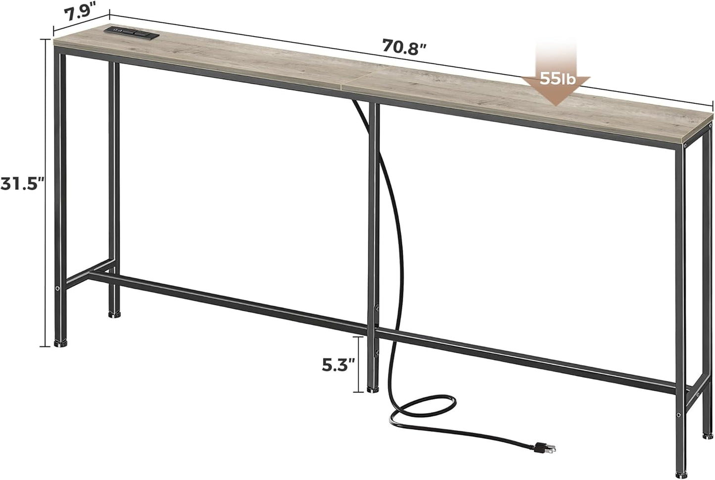 SUPERJARE 70 Inch Console Table with Outlet, Narrow Entryway Table for Living Room, Oak