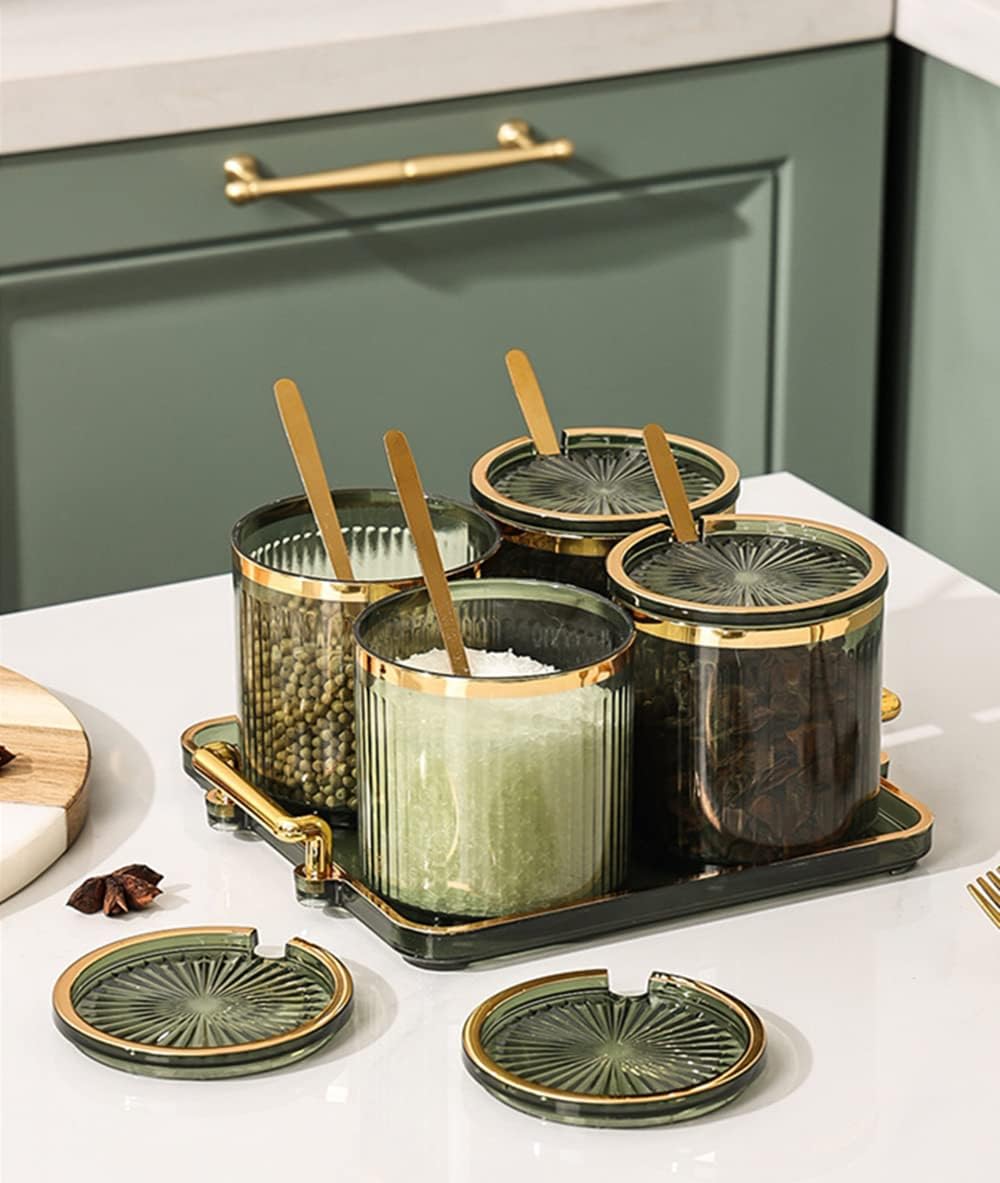 Acrylic Condiment Spice Jars,Condiment Spice Box With Lids and Spoons and Tray,Clear Plastic Condiment Canisters,Seasoning Box 4 Pack,Seasoning Box Set for Kitchen to Storage Salt,Paprika,Sugar