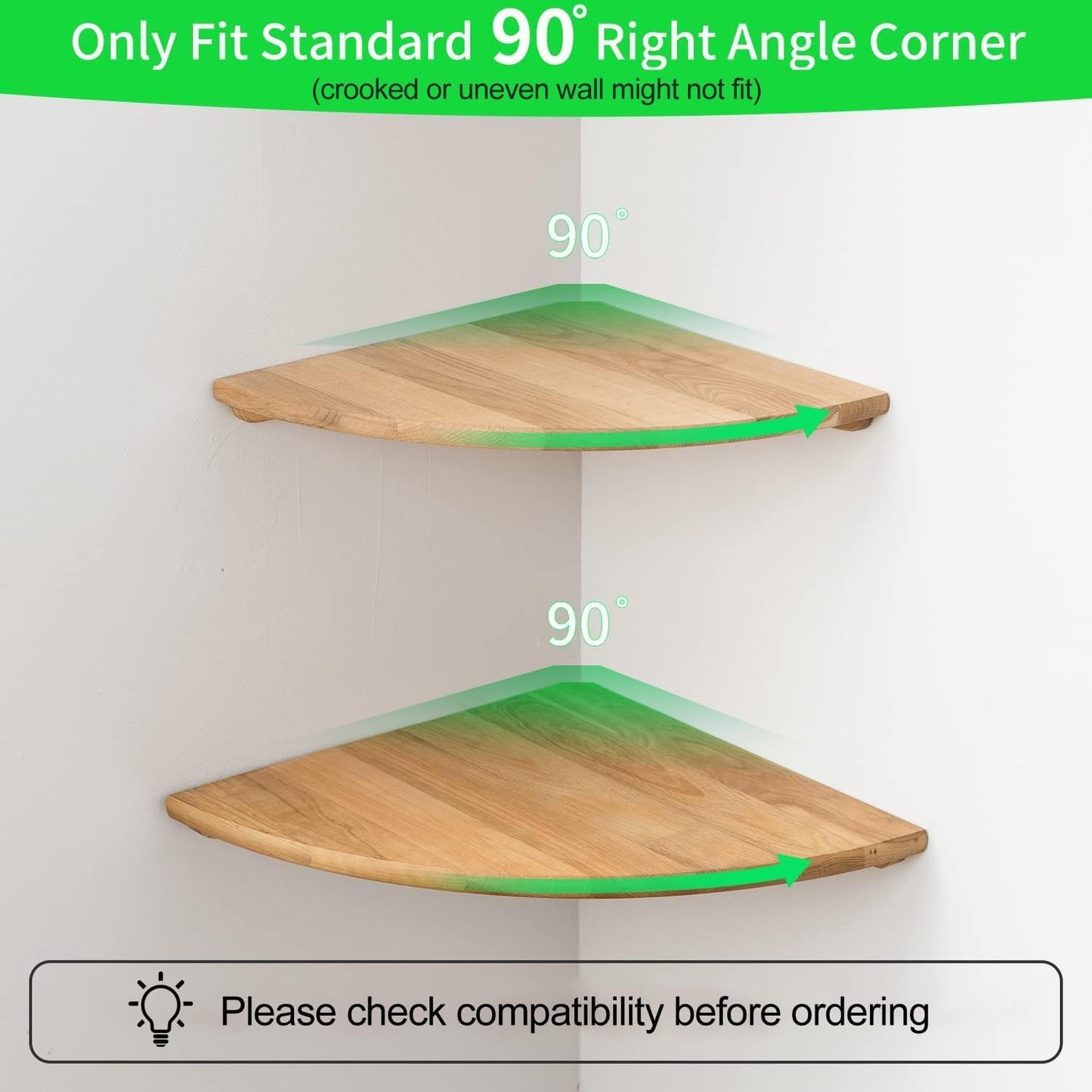 Corner Shelves, Floating Corner Shelf, Set of 2 16inch Solid Oak Wood Wall Shelves, Round End Wall Mount Display Shelf with Wire Hole for Bedroom Kitchen, Living Room