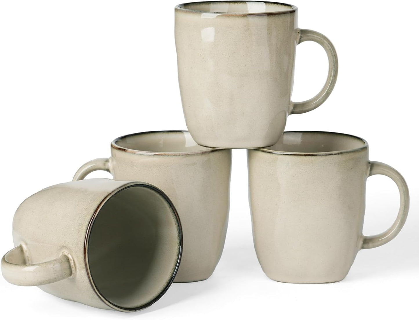 famiware Coffee Mugs Set of 4, Ocean Square 13oz Coffee Cup Set with Handle for Cocoa, Milk, Hot Chocolate, Tea, Water, Stoneware Cups for Kitchen, Microwave and Dishwasher Safe, Light khaki