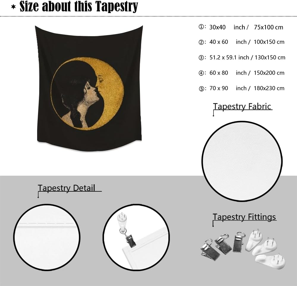 Dark Academia Woman Kissing Moon Art Tapestry Gothic Aesthetic Wall Hanging Witchy Picture Print Moon Goddess Tapestries Wall Decor for Living Room Bedroom Dorm 30x40inch