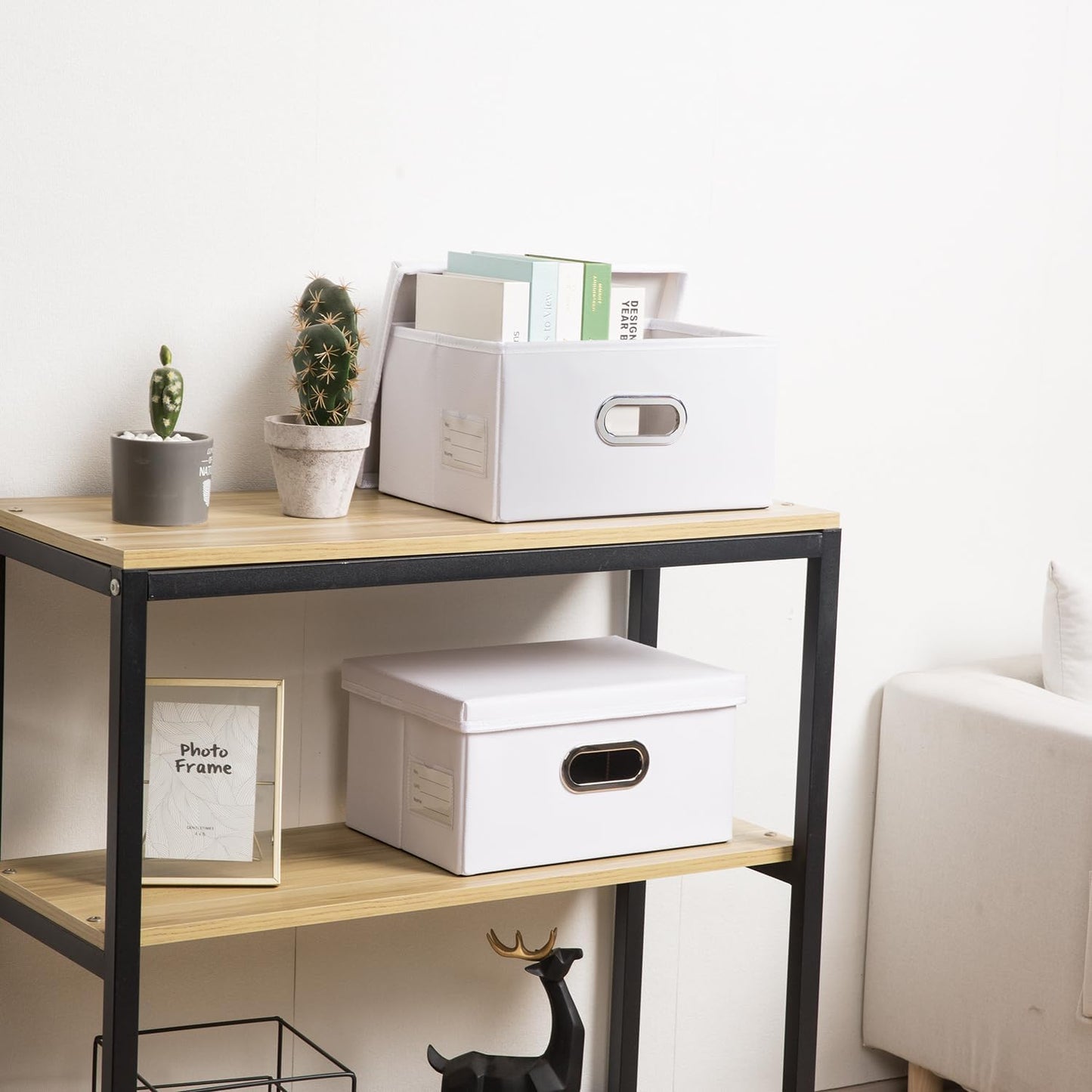 PRANDOM Collapsible Storage Box with Lid [1-Pack] Leather Fabric Foldable Storage Bin Organizer Container Basket Cube with Cover for Home Bedroom Closet Office Nursery White (13.6x9.6x6.9)