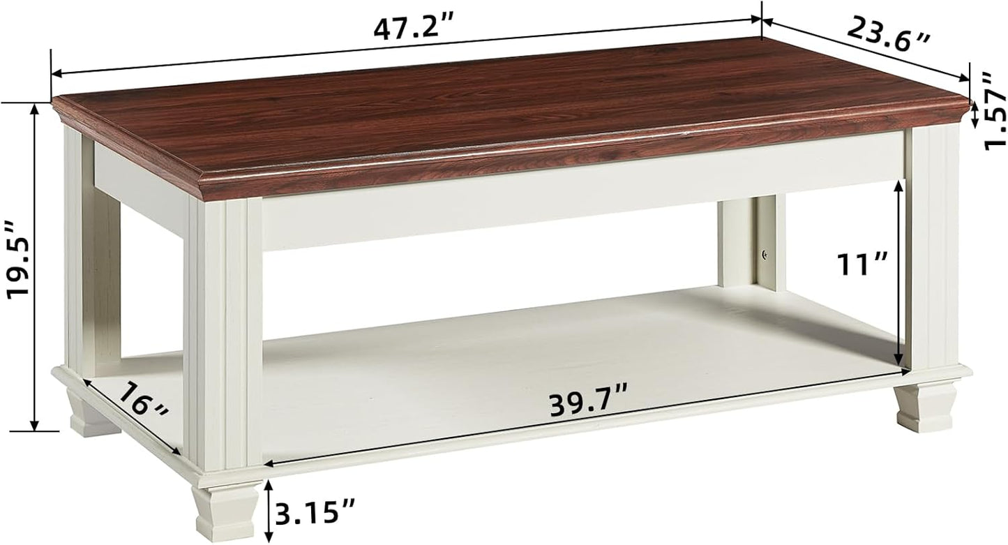 Farmhouse Coffee Tables for Living Room,Square Tea Table with Open Storage Shelf,Large Coffee Table,Rustic Wooden Center Table,White