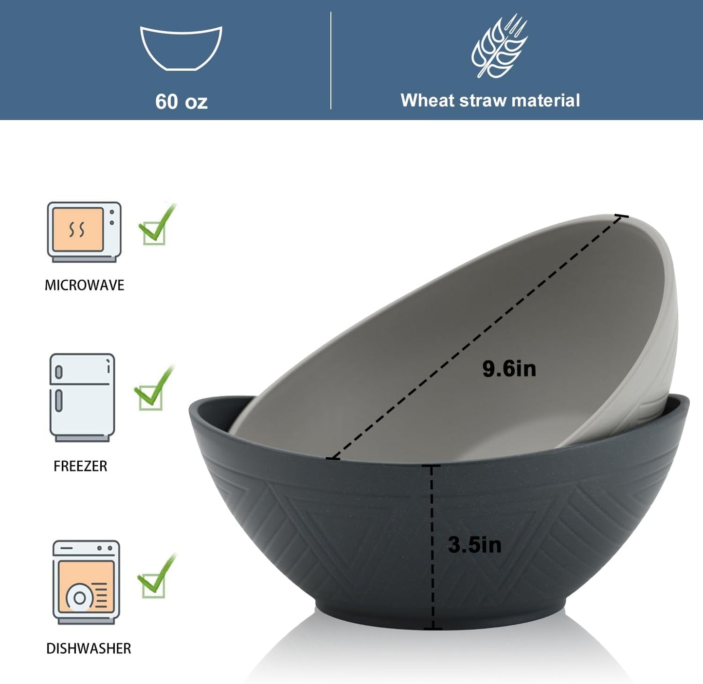 65oz Big Wheat Straw Bowls - Large Salad Bowls set of 6 - Unbreakable Serving Bowls - Microwave & Dishwasher Safe - Oval Bowls for Cereal,Salad,Fruit - Classic Series