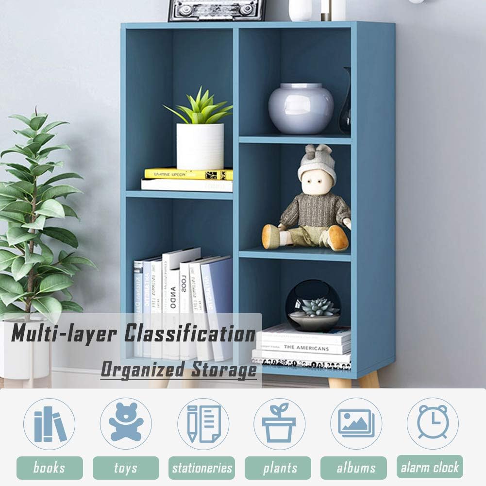 IOTXY Wooden Open Shelf Bookcase - 3-Tier Floor Standing Display Cabinet Rack with Legs, 5 Cubes Bookshelf, Bright Blue