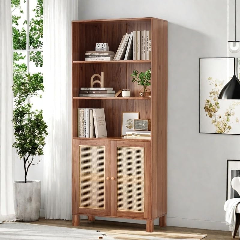 Tall Bookshelf, 5-Tier Book Shelf with 2 Rattan Doors, Freestanding Bookcase Display Shelves with Large Storage, Book Case for Living Room, Office, Study, Bedroom, 70.9 Inch