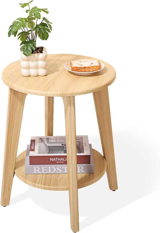 End Table Small Round Side Table with 2 Storage Shelves Walnut End Tables Accent Sofa Bedside Table Modern Night Stand for Living Room Bedroom Small Spaces