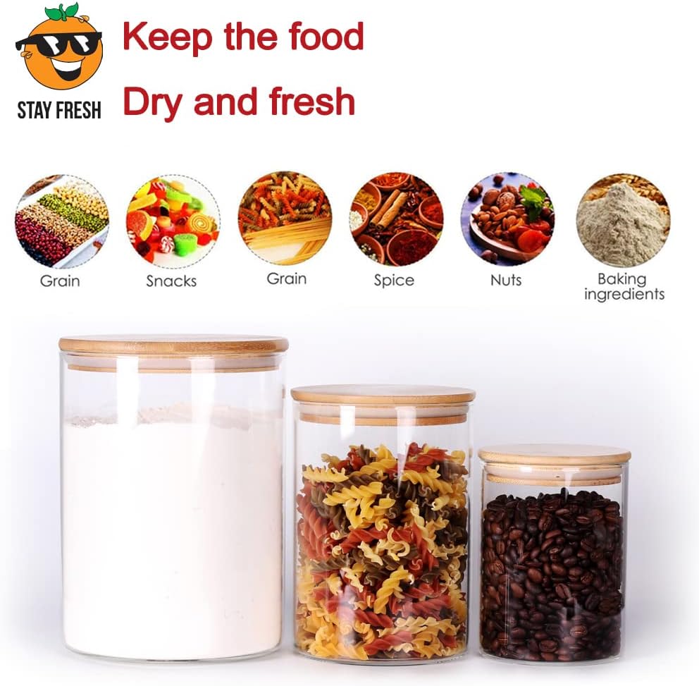 Glass flour Jars with Airtight Lids, 6 Pack Sugar and Flour Salt Containers Set, Extra Large Glass Rice Jar with Bamboo lid for Kitchen, Brown Suger, Beans, Groub Coffee (100OZ/54OZ/27OZ)