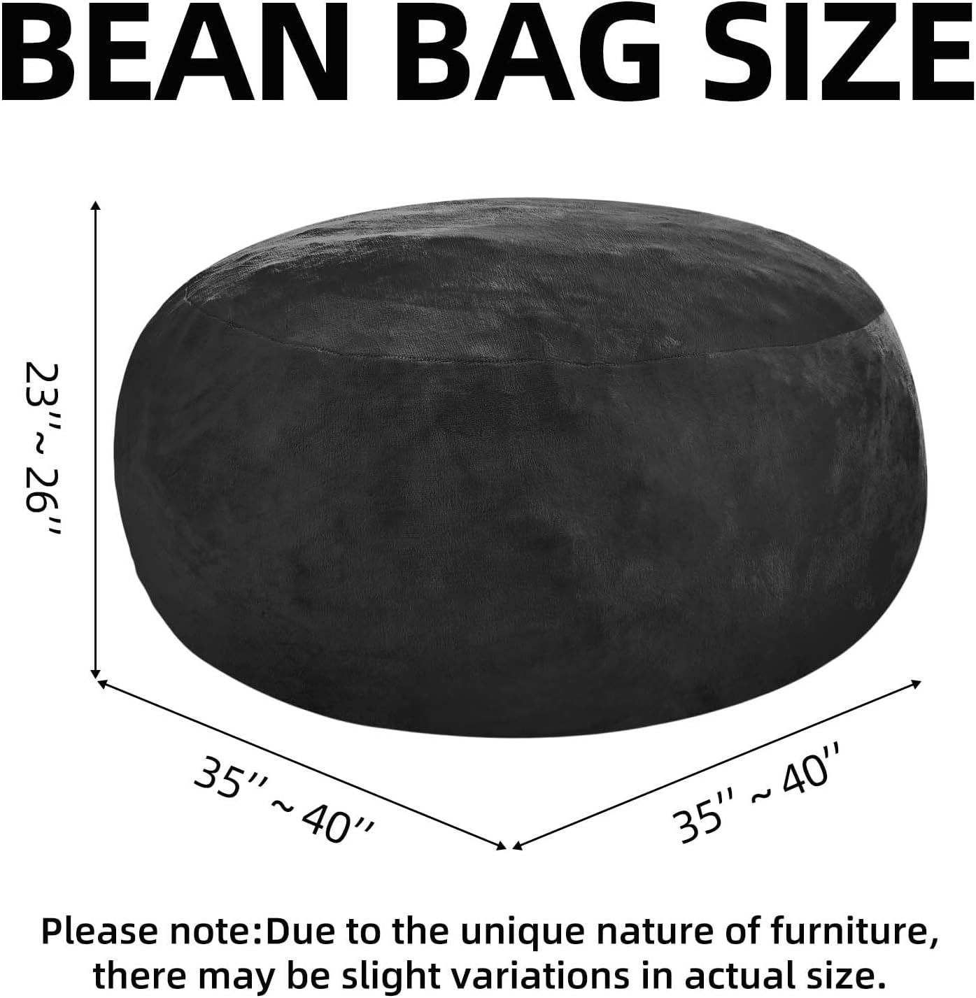 Bean Bag Chair 3Ft, Memory Foam Filled, Large Beanbag Chairs for Adults and Teens, Soft Sofa with Removable Flannel Cover, Round Couch for Living Room Bedroom College Dorm (Black, 3FT-36×36"×24")