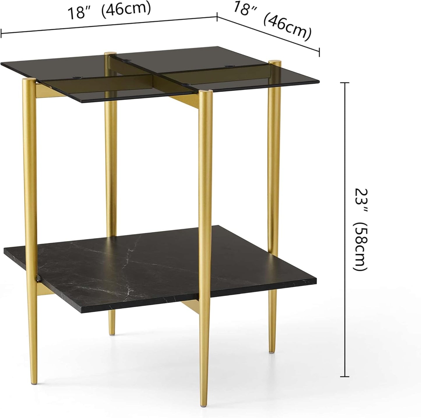 Glass End Table, Mid-Century Modern Design Sofa Table, for Living Room, L18 x W18 x H23 in, Clear Glass Top and Walnut MDF Shelf, Sleek Conical Metal Legs with Gold Finish Frame
