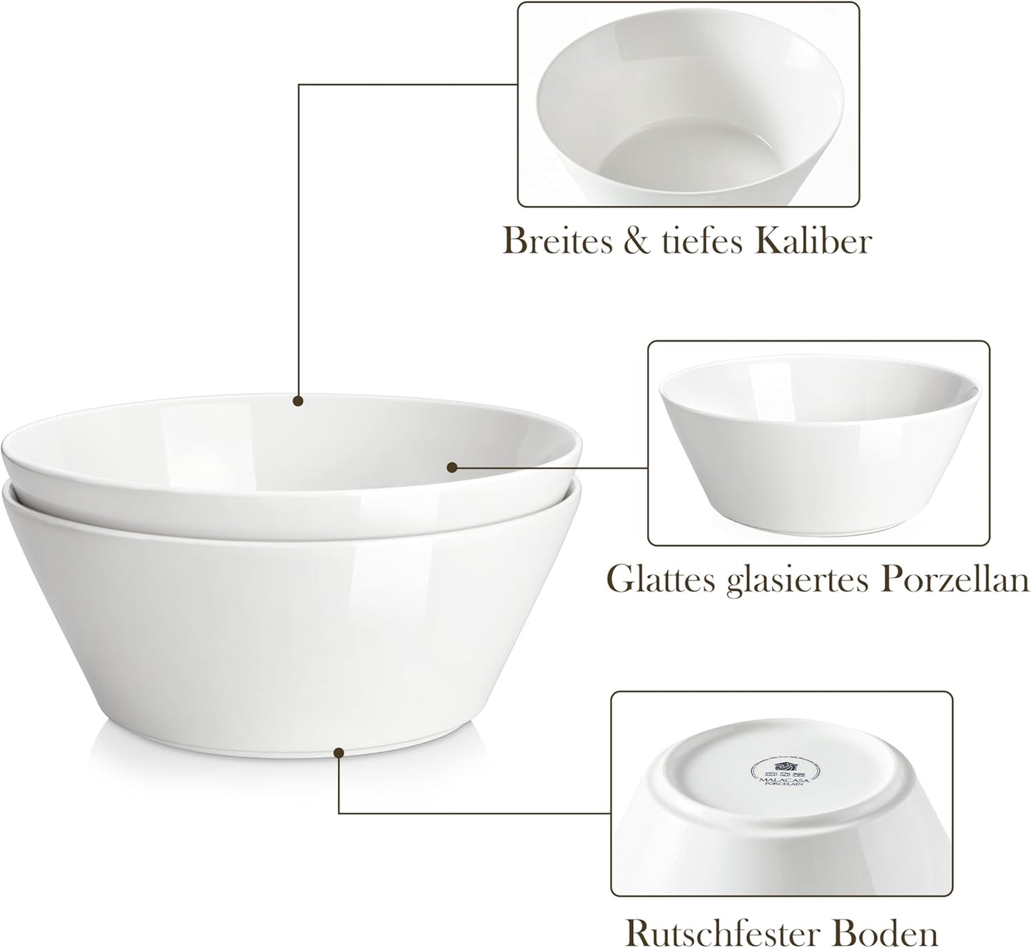 MALACASA Serving Bowls, 105 OZ Large Salad Bowls Set of 2, Porcelain White Bowls for Kitchen, Large Bowl for Salad, Soup, Pho and Fruit, Ceramic Serving Bowls for Party, Microwave Safe, Series Regular