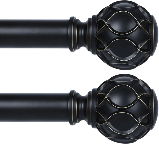 Black Adjustable Curtain Rods for Windows:Farmhouse Heavy Duty Curtain Rod for Bedroom Living Room,Boho Decorative Rustic Drapery Rods with Vintage Coastal Finials,Matte Black 2 Pack 18-45"
