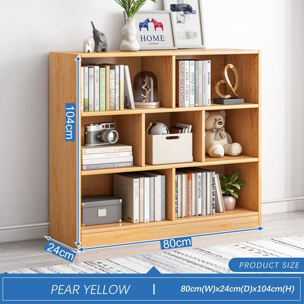 IOTXY Open Shelf Low Bookcase - Wooden 3-Tier Floor Standing Display Cabinet Organizer with Base, 7 Cubes Short Horizontal Bookshelf in Pear Yellow