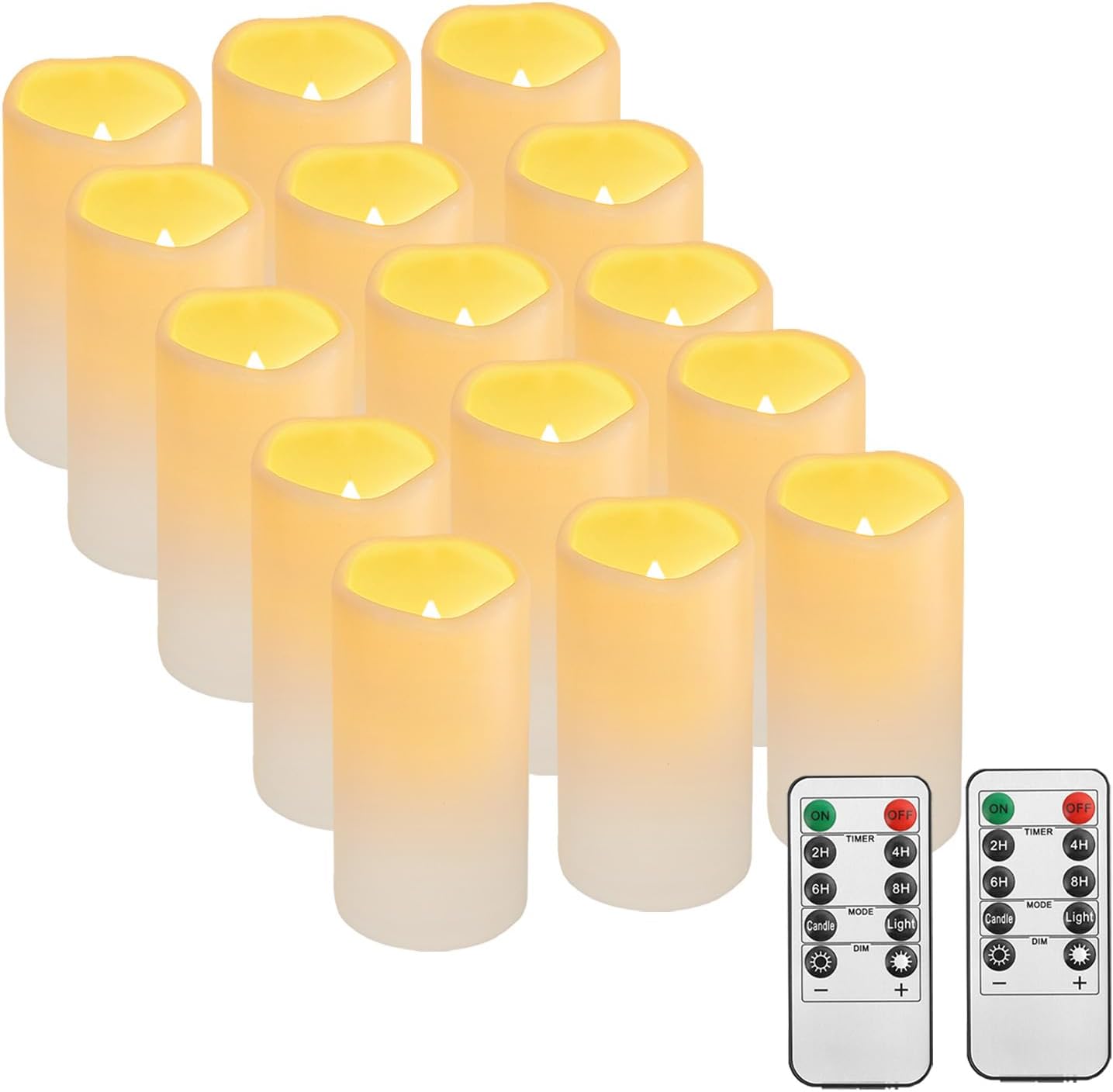 15PACK Outdoor Plastic flameless Candles with Remote Control and Timer, LED Flickering Battery Operated Electric Pillar Candles (D3 xH5.5) for Camping, Weddings, Home Decoration