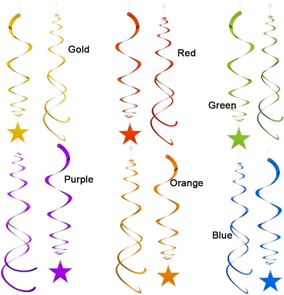 Rainbow Party Star Swirl Decorations, Rainbow Foil Ceiling Hanging Swirl Decorations with Star, Whirls Decorations for Party, Pack of 36