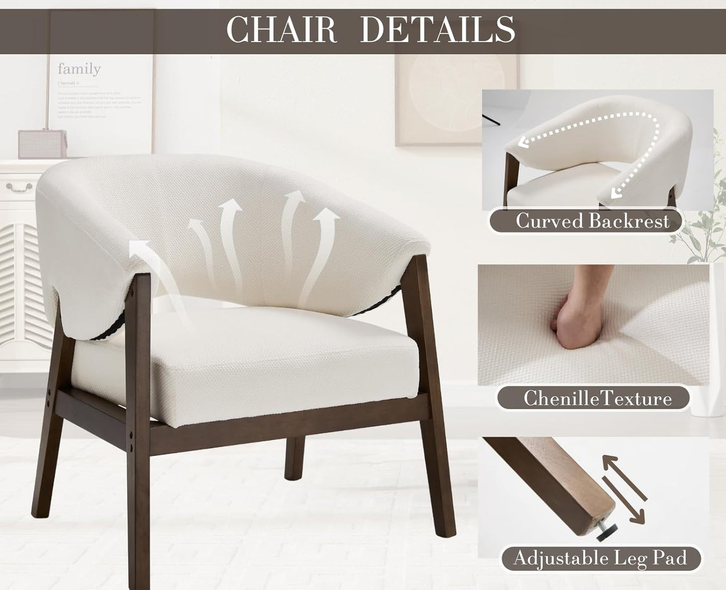 Mid-Century Modern Accent Chair, Comfy Barrel Armchair with Wide Seat, Upholstered Lounge Chair with Walnut Wood Legs for Living Room/Bedroom/Reading Corner, Chenille, Beige, 1PC