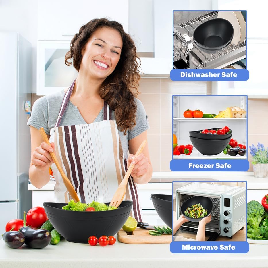 Big Wheat Straw Bowls,Large Salad Bowls Set of 2,Dishwasher and Microware Safe Plastic Bowls Reusable,Eating bowls for Cereal,Salad,Fruit,Snack. Black