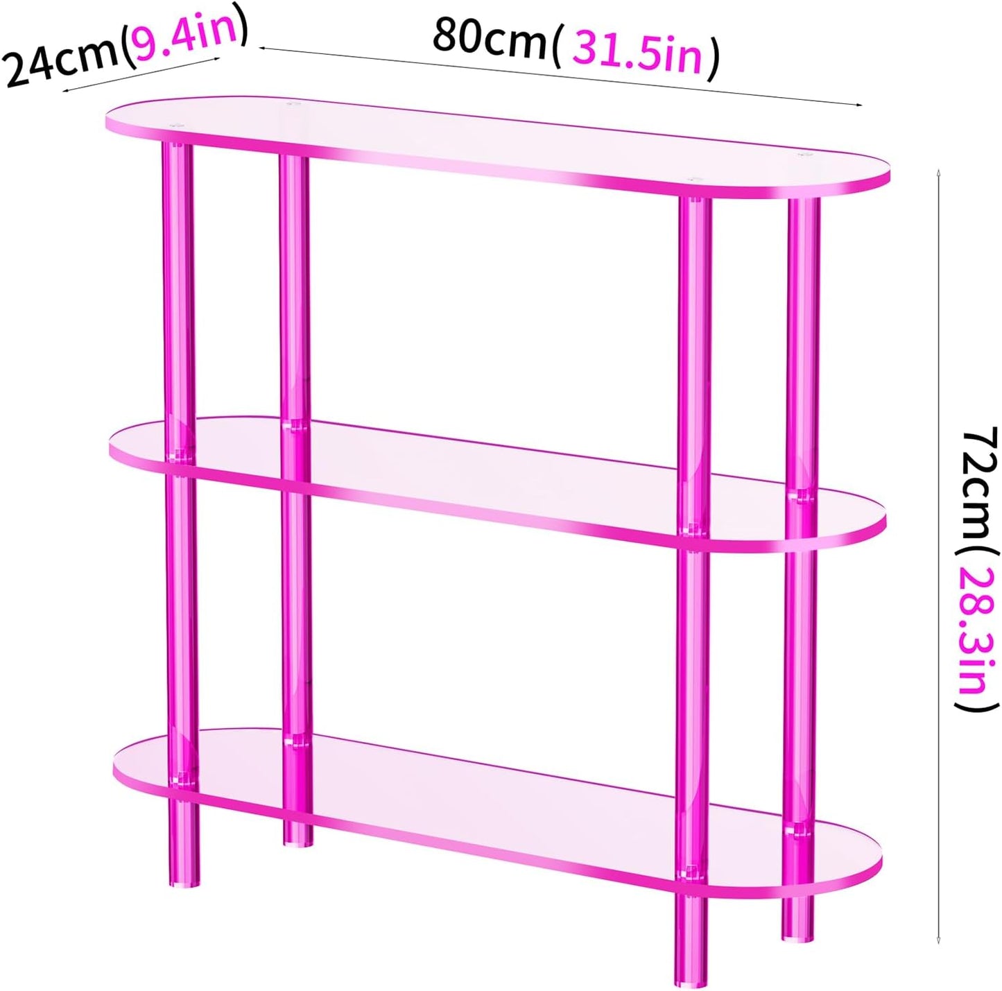 Clear Bookshelf, Acrylic Bookcase with Open Book Shelf Console Table for Entryway Office (3 Tier Pink)