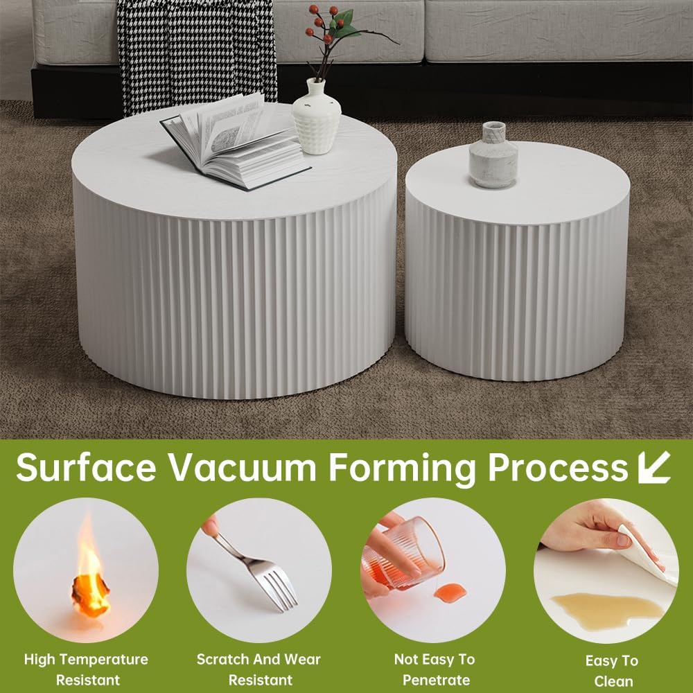 Round Nesting Coffee Table Set of 2 Small Round Coffee Tables for Living Room Modern Fluted Coffee Table Circular End Table Side Table for Small Spaces No Assembly (White B, 27 in)