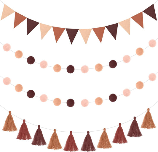 Irenare 9.8 ft Pom Pom Garland Felt Colorful Tassel Banner Christmas Party Pompoms Garland Decorations Felt Pennant Banner for Classroom Home Mantel Fireplace Birthday(Gradient Brown)