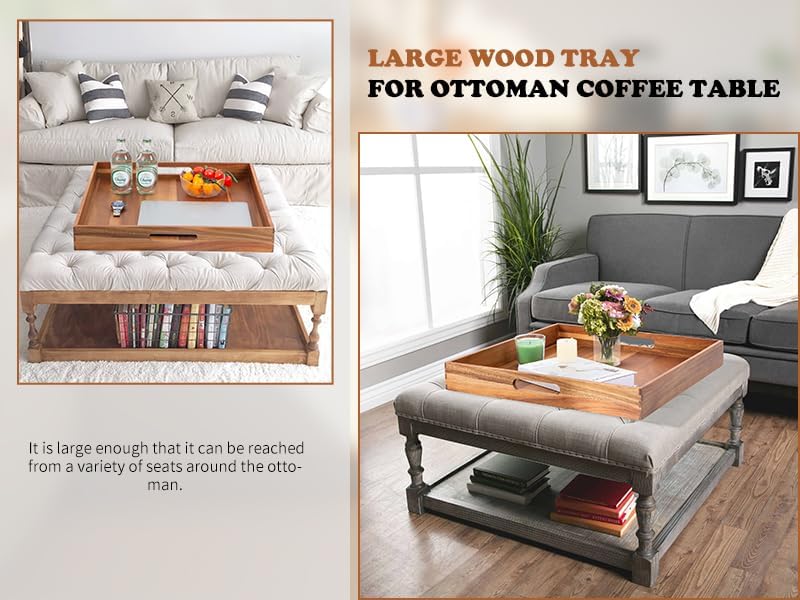 Extra Large Square Wood Tray, Generously 22" Acacia Serving Trays for Large Ottoman Coffee Table, Giant Square Shape Sofa Tray with Handles, Kitchen Organizer Storage Trays Huge Counter Serveware
