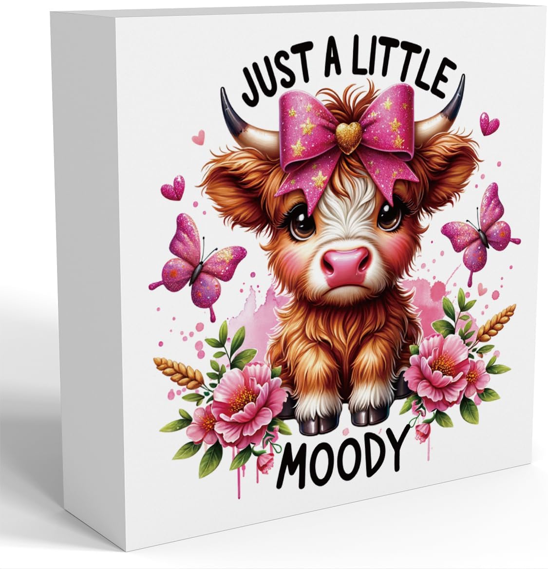 Cute Highland Cow Baby Decor, Cow With Pink Bow, Highland Cow Gifts for women, Highland Cow Decor, Highland Cow Nursery Decor, Wooden Box Decor Sign for Home Farmhouse Office Living Room Table Shelf