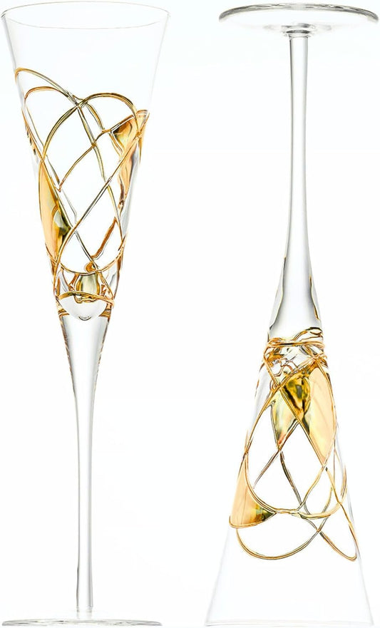 Victoria Barcelona Champagne Flute Set of 2 – 7.5 oz Mouth‑Blown Golden Luster Glass | Hand‑Painted with Real Gold Dust, Gaudí & Murano Inspired | Artistic Premium Gift Ideas for Her or Him