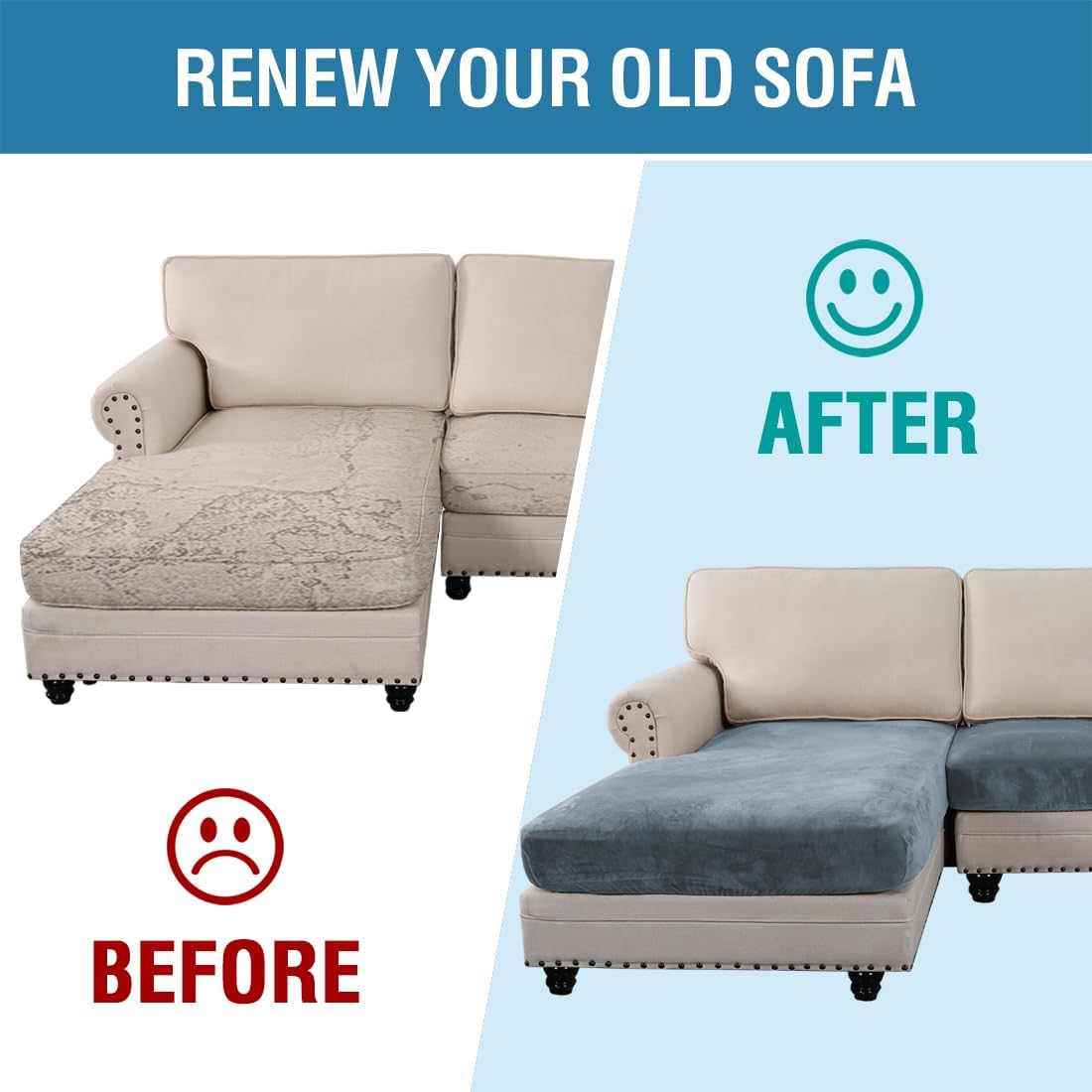 H.VERSAILTEX Velvet Stretch Sectional Couch Covers 3 Pieces Sofa Seat Cushion Covers L Shape Separate Cushion Couch Chaise Cover for Both Left/Right Couch (Large Sofa 2 Seater + 1 Chaise, Stone Blue)