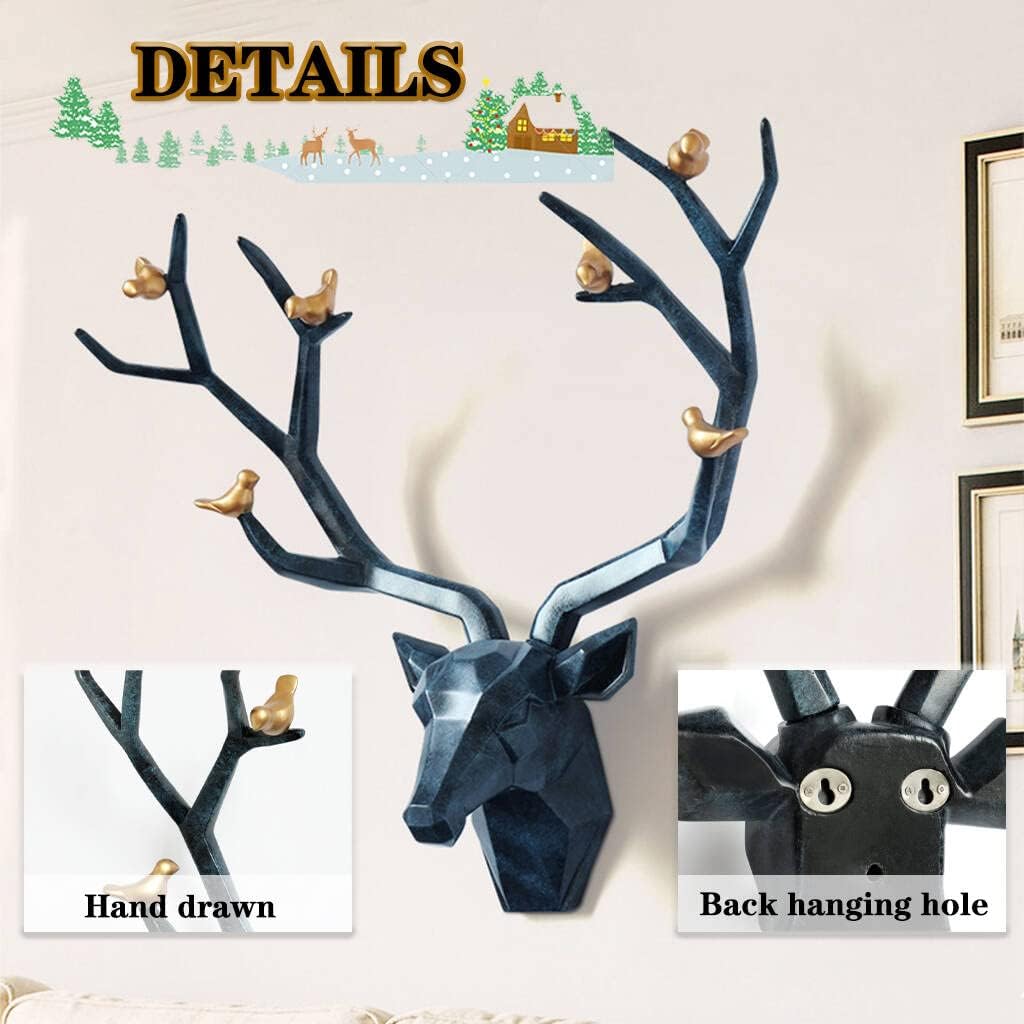 Deer Head Wall Decor Geometric Rustic Wall Mounted Deer Head, Faux Taxidermy Animal Head Wall Art Pendant, Handmade Resin Head Sculptures for Porch, Detachable Antlers, 6 Styles(Blue,20.1x20.4IN)