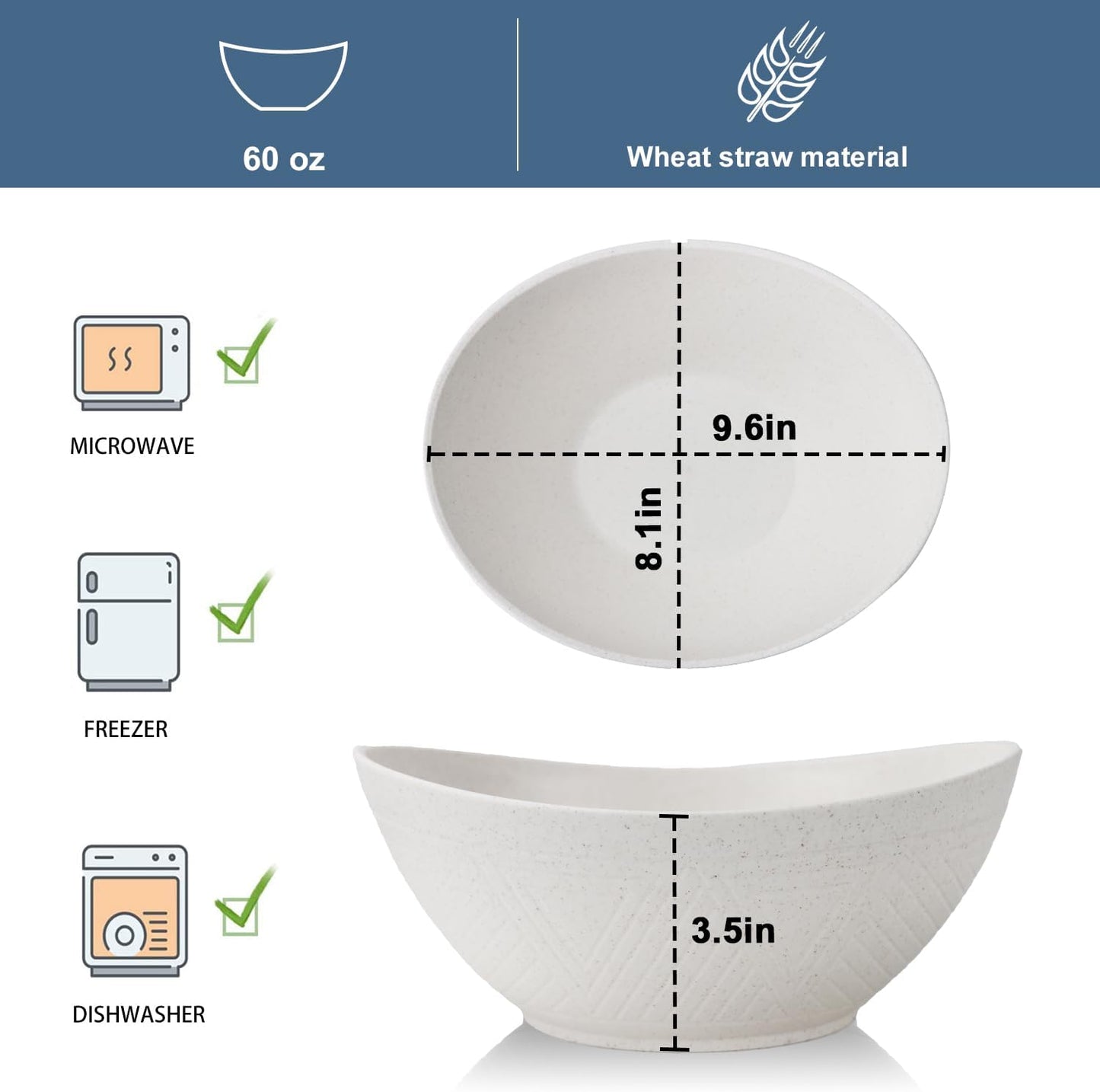 65oz Large Salad Bowls Ivory - Wheat Straw Salad bowls Set of 4 - Unbreakable Salad Bowls Dishware & Microwave Safe - BPA Free Bowls for kitchen,camping