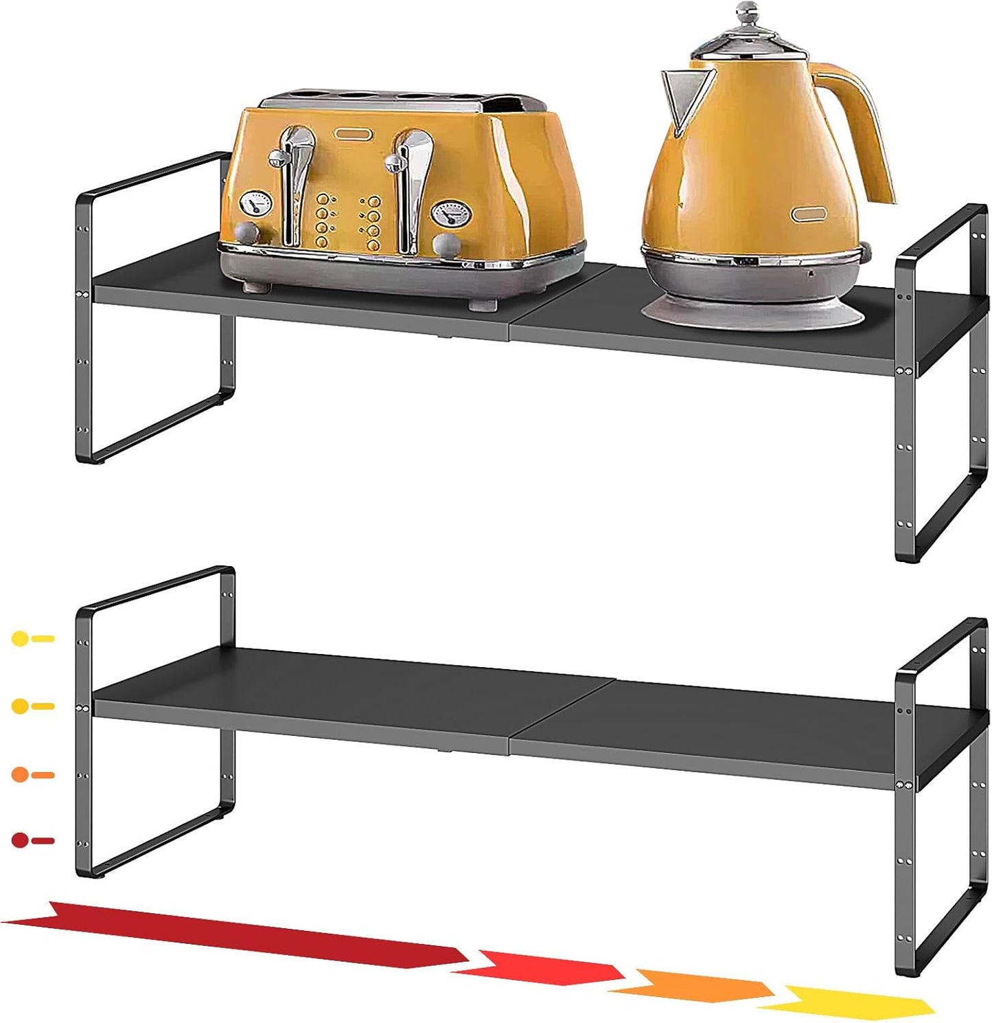 16.5~27.1" Expandable Shelf Organizer, 2Pack 8.1" Wide Stackable Cabinet Shelf Organizers, Black Metal Sturdy Kitchen Counter Storage for Countertop, Adjustable Height Spice Rack