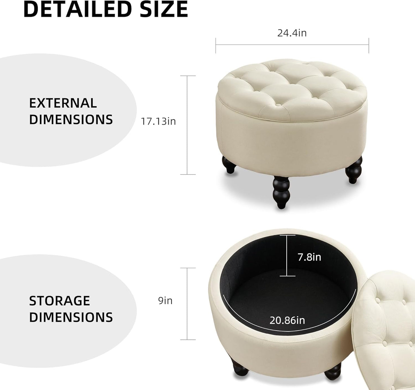 Fabric Round Ottoman with Storage, Upholstered Tufted Storage Footstool, Modern Wooden Coffee Table for Living Room, Bedroom, Beige