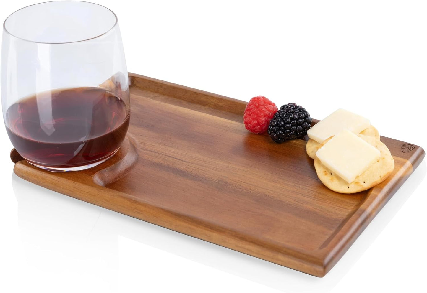 PICNIC TIME Rectangle Wine Appetizer Plates Set of 4, Cocktail Plate with Glass Holder, Cheese Board with Wine Holder, (Acacia Wood)
