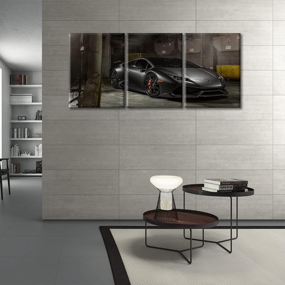 Canvas Wall Art for Bedroom Black Cool Sports Car Wall Art for Living Room Super Car in the Garage 3 Panels Vintage Wall Art Decor Modern Artwork for Home Walls Giclee Framed Ready to Hang 36"Wx16"H
