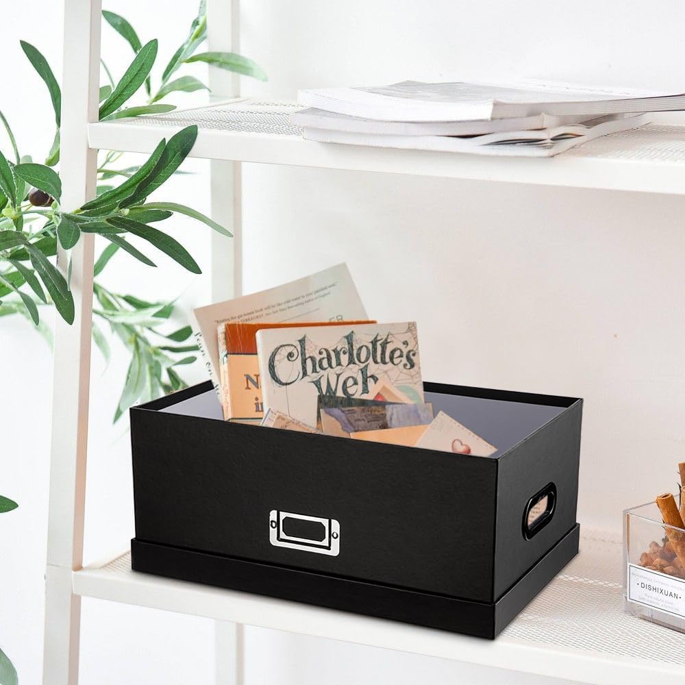 Briful Decorative Storage Boxes with Lids Set of 2 – 14'' + 13'' Set Rectangular Nesting Boxes – Cardboard Organizer with Lift-Top Lid – Black Wood for Home & Office