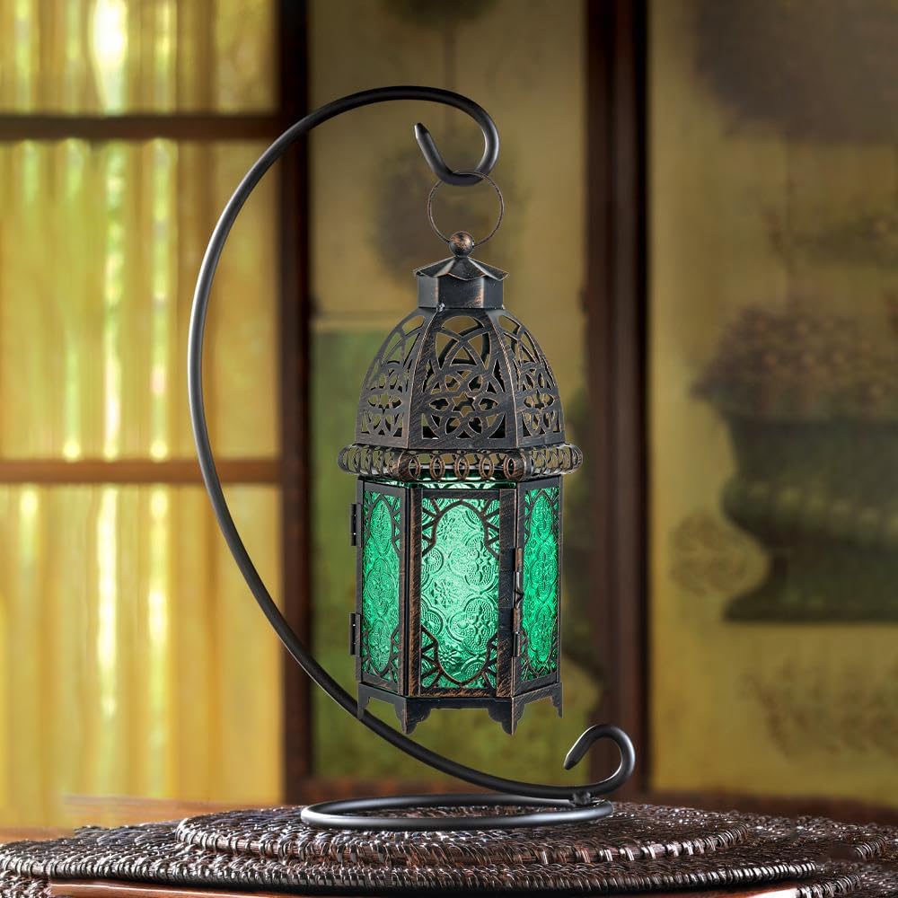 NEEDOMO Hanging Moroccan Lantern, 12.8'' Vintage Candle Holder, Metal Lanterns Decorative Indoor Outdoor, Table, Patio, Porch, Shelf, Gothic Home Decor (Green, Large Size)