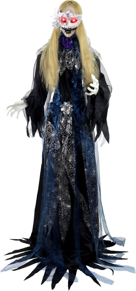Haunted Hill Farm 5.5-Ft Animatronic Animated Standing Masquerade Lady, Halloween Animatronic, Spooky Venetian Masquerade Prop, Creepy House Party Decoration, Touch-Activated Lights & Sound, Life-Size