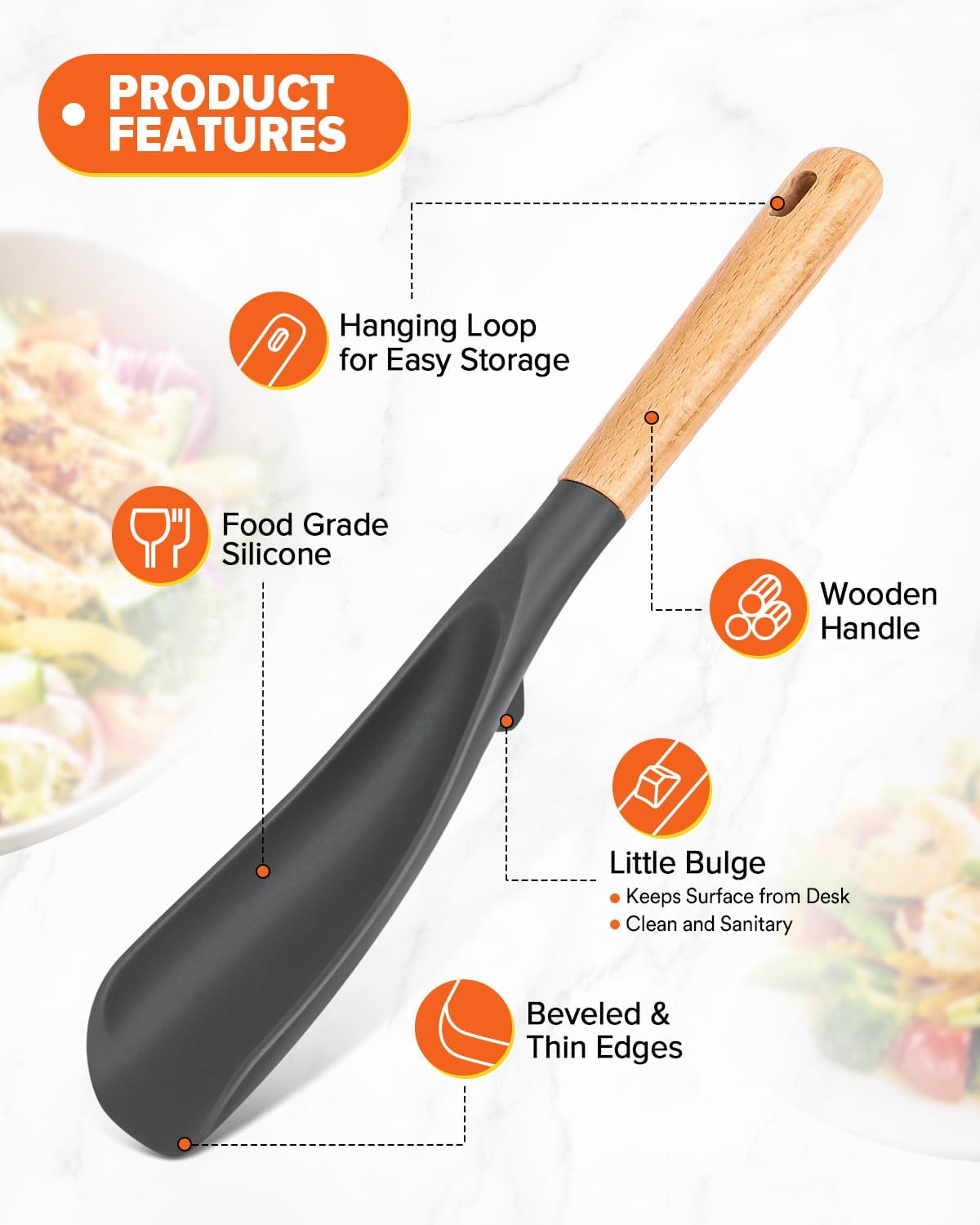 Cooking Spoon and Scraper for Nonstick Cookwares, Great for Cooking and Serving Durable BPA-Free Matte Silicone, Wood Handle Multifunction Spoon for Mixing, Scoop, and Scrape (GREY)