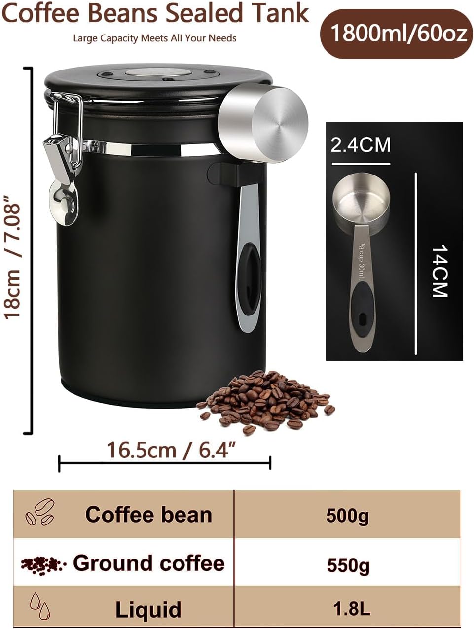 Coffee Canister Airtight Coffee Storage Container Stainless Steel Air Tight Coffee Jar with Scoop, Date Tracker and CO2 Release Valve for Beans, Ground, Tea, Flour, Cereal and Sugar (2pcs-Black-1.8L)