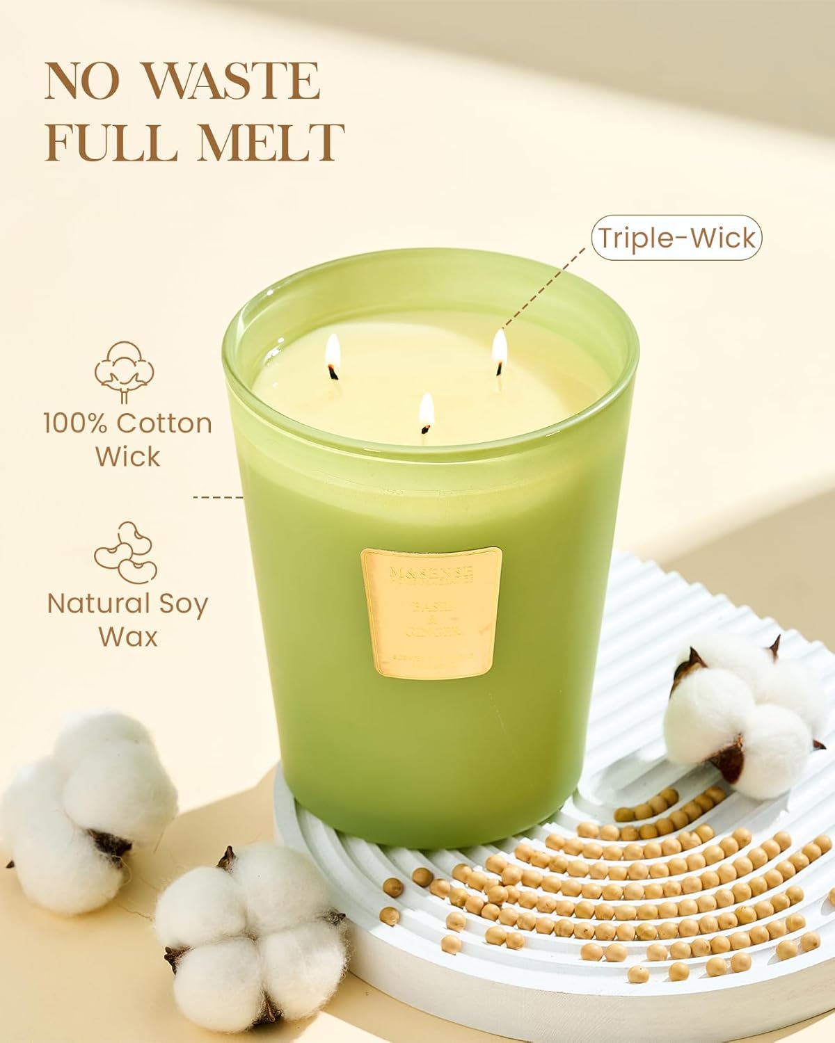 M&SENSE Basil Ginger Scented Candle 35oz 150H Burn Time Long Lasting, 3-Wick Natural Aromatherapy Candle Highly Scented, Home Fragrance Housewarming Gifts