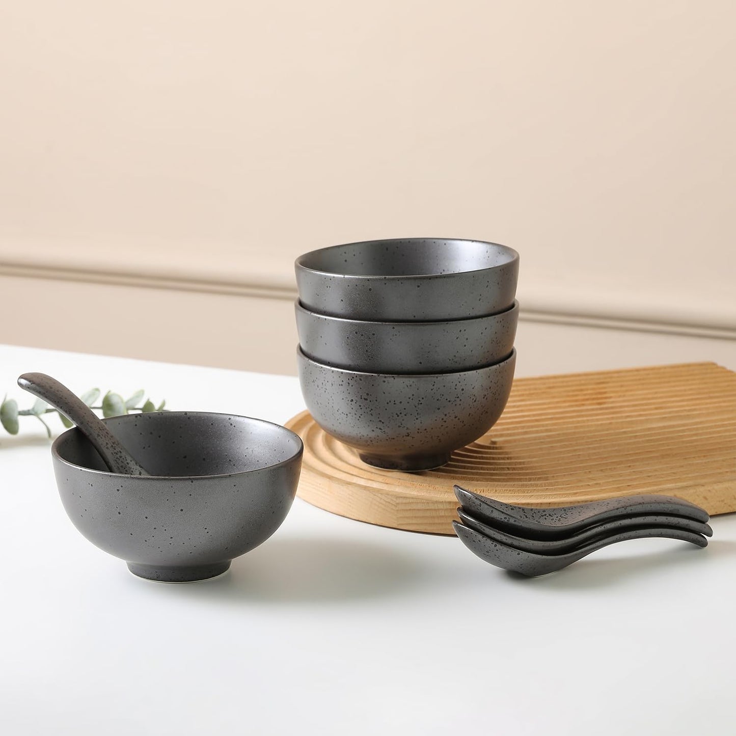 Stone lain Valencia Porcelain 8-Piece Round Bowl and Spoon Serving Set, Metallic Grey