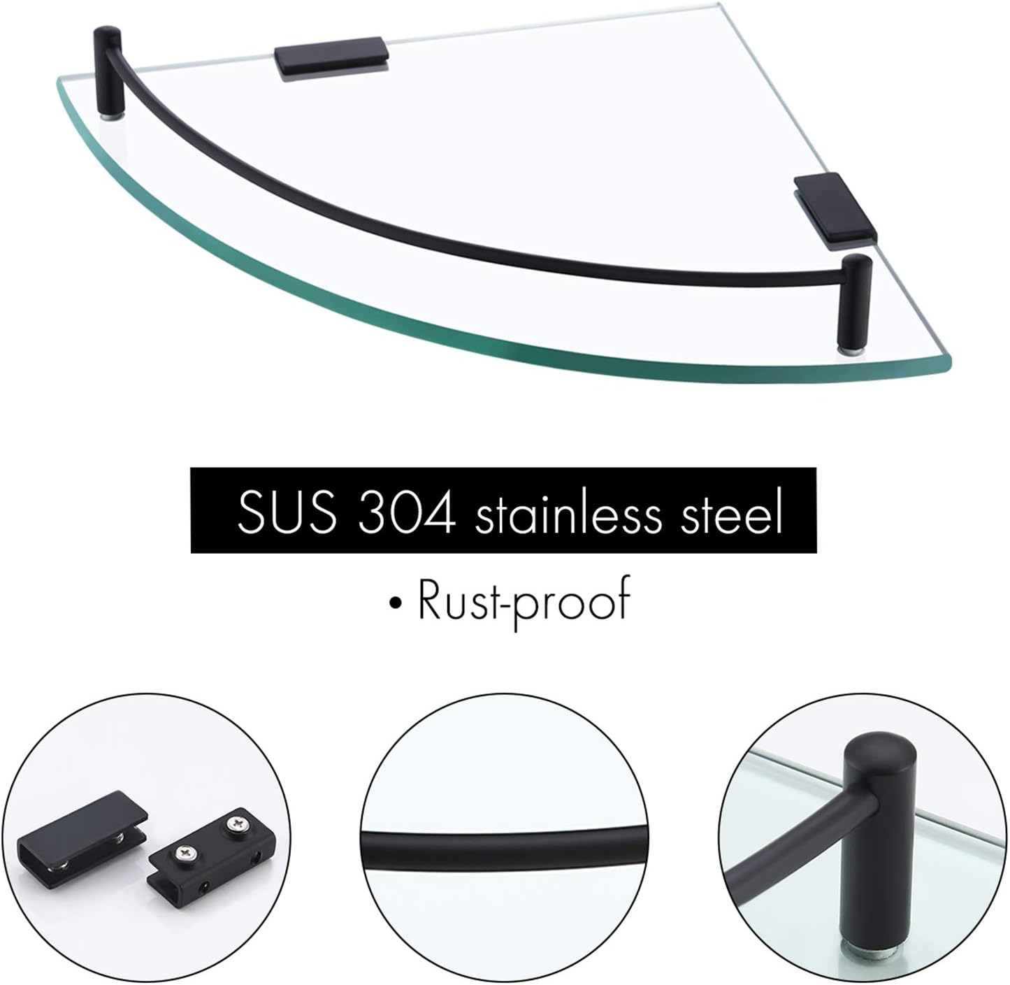 KES Bathroom Glass Corner Shelf Tempered Glass Shelf with Rail Wall Mount Corner Shelf SUS 304 Stainless Steel Matte Black 2 Pack, BGS2101A-BK-P2