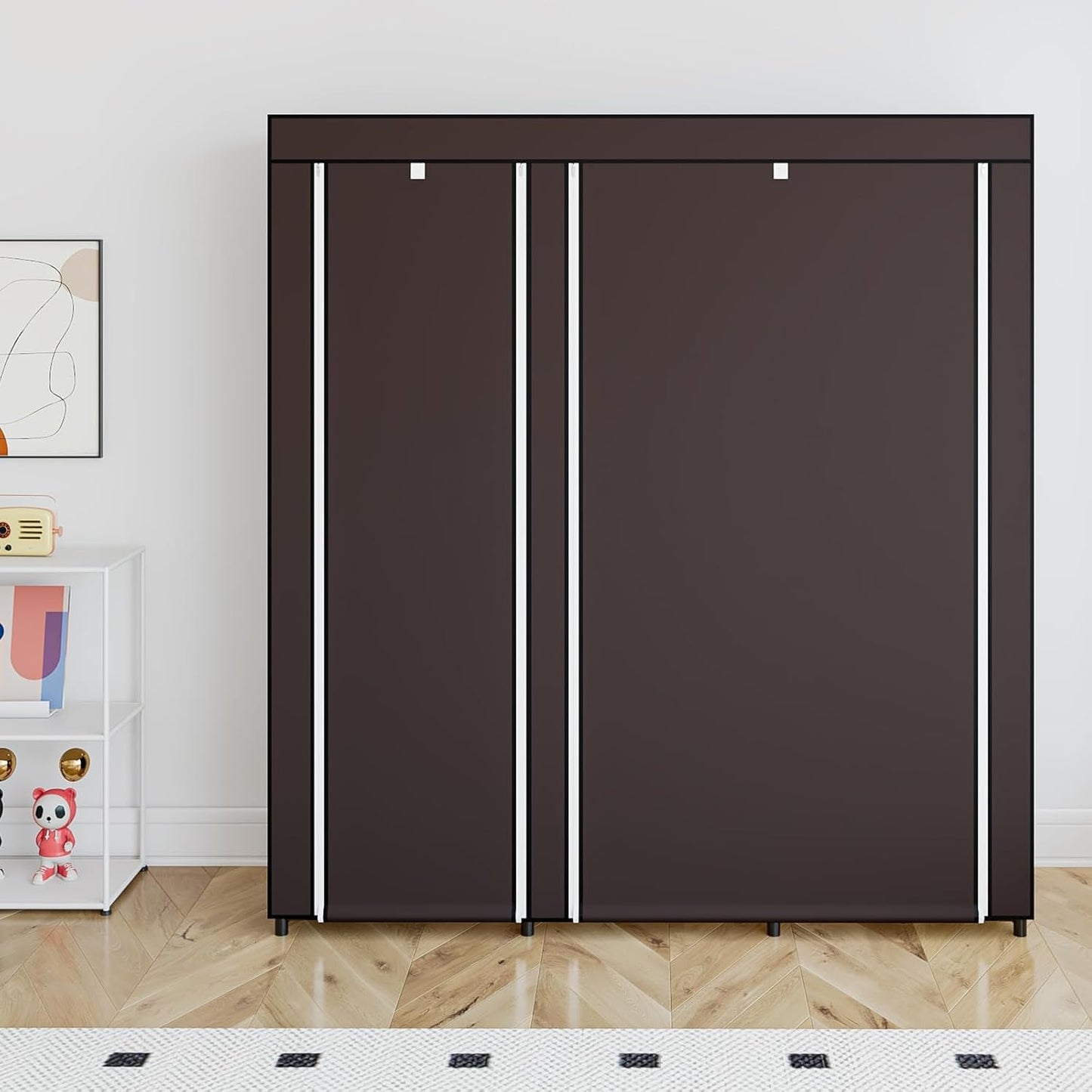 SORCEDAS Portable Wardrobe Closet Storage Organizer Metal Hanging Rack Non-Woven Fabric (Coffee, 51 Inch)