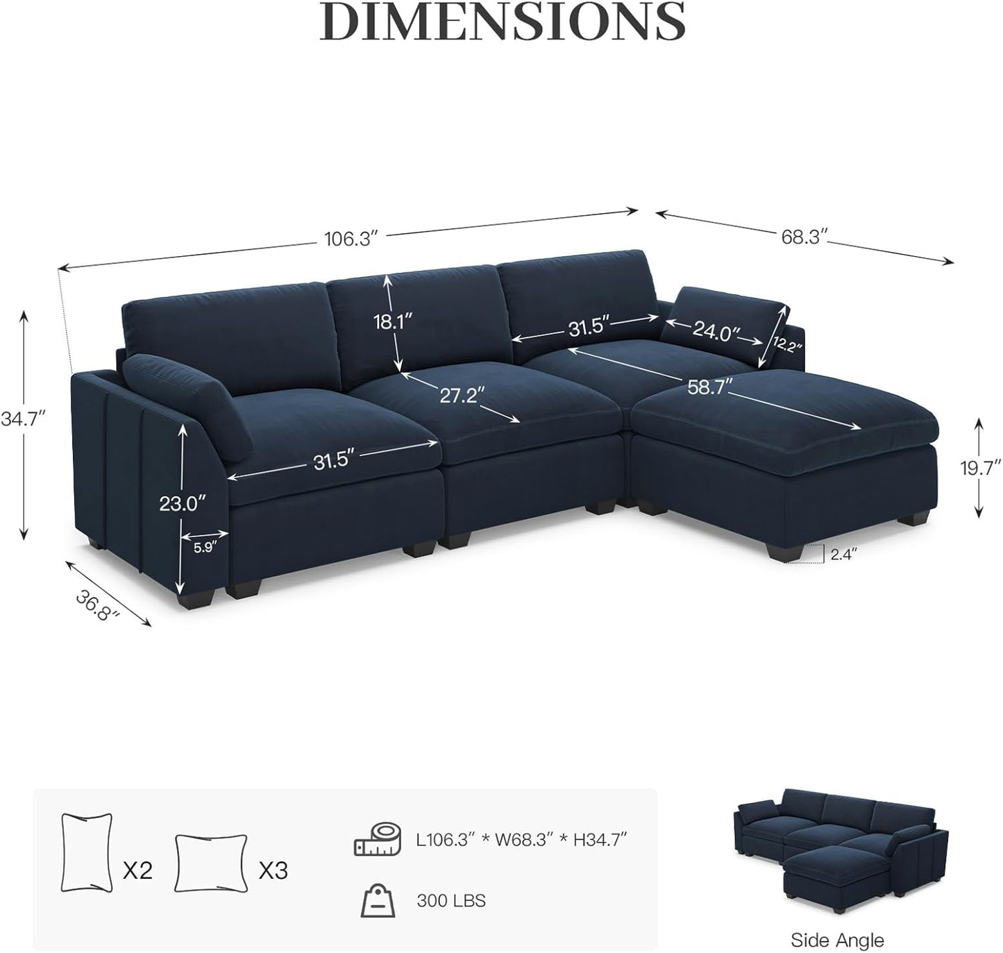 Belffin Extra Large Modular Sectional Sofa,106.3" 4-Seater L Shaped Couch,Velvet Convertible Sectional Couches for Living Room,Comfy Upholstered Modern Cloud Couch,Blue Sofa