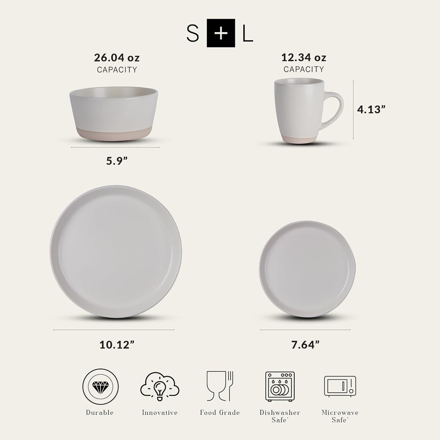 Stone Lain Jules Stoneware Dinnerware, Plates and Bowls, Dish Set for 4, Off White, Microwave & Dishwasher Safe, 16-Piece