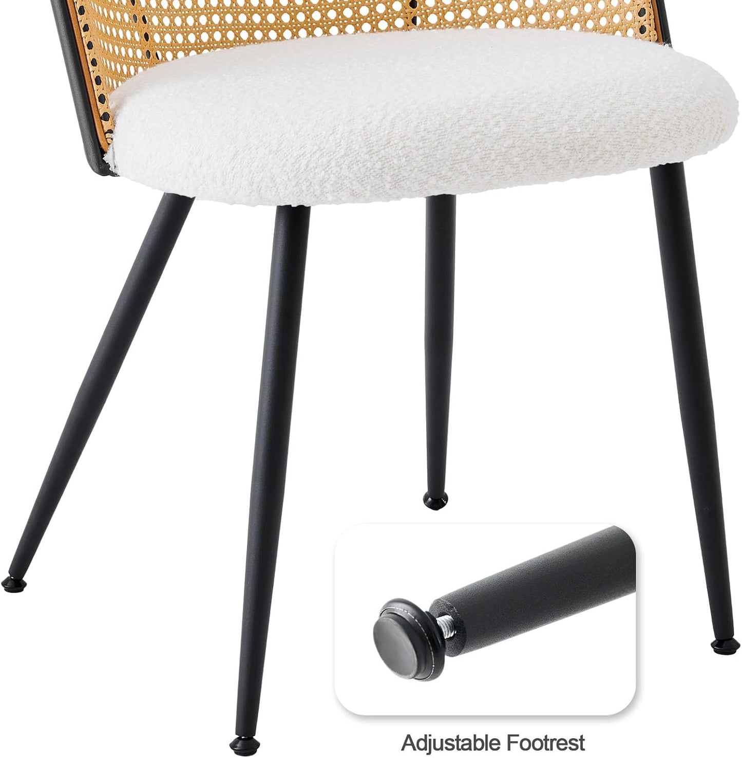 Rattan Dining Chairs Set of 6, Mid-Century Modern Kitchen Dining Room Chairs with Full Cane Backrest Armless Upholstered Farmhouse Boucle Dining Chairs with Metal Leqs for Dining Room, White