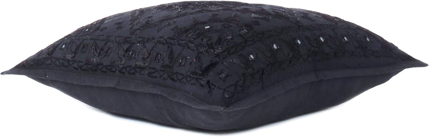 Eyes of India Embroidered Decorative Boho Throw Pillow Cover with Mirrors, Handmade Bohemian Accent Cushion Case for Sofa Couch Bedroom Living Room (Black, 16" x 16")