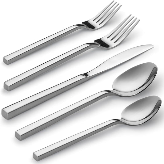 Alata Cube 40-Piece Forged Stainless Steel Flatware Set Cutlery Set, Silverware Set Service for 8, Mirror Finish, Dishwasher Safe